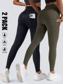 2 Pack High Waist Yoga Pants With Pockets, Tummy Control Workout Running Yoga Leggings For Women (Option: 2PACK6-S)