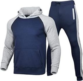 Men's Athletic Sweatshirt Tracksuit Pullover Hoodie Jogging Pants 2 Pieces Set (Color: BLUE-S)