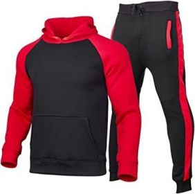 Men's Athletic Sweatshirt Tracksuit Pullover Hoodie Jogging Pants 2 Pieces Set (Color: RED-S)