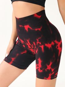 High Waist Tummy Control Yoga Shorts For Women, Tie-Dye Ruched Booty Lifting Workout Fitness Shorts, Hip Lifting Sports Activewear (Color: Red, size: M)