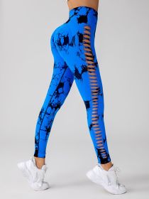 Cut Out Side Hollow Tie Dyed Yoga Pants, High Waist And Hip Lifting Fitness Pants With Side Hollow Seamless Sports Tights (Color: Blue, size: S)